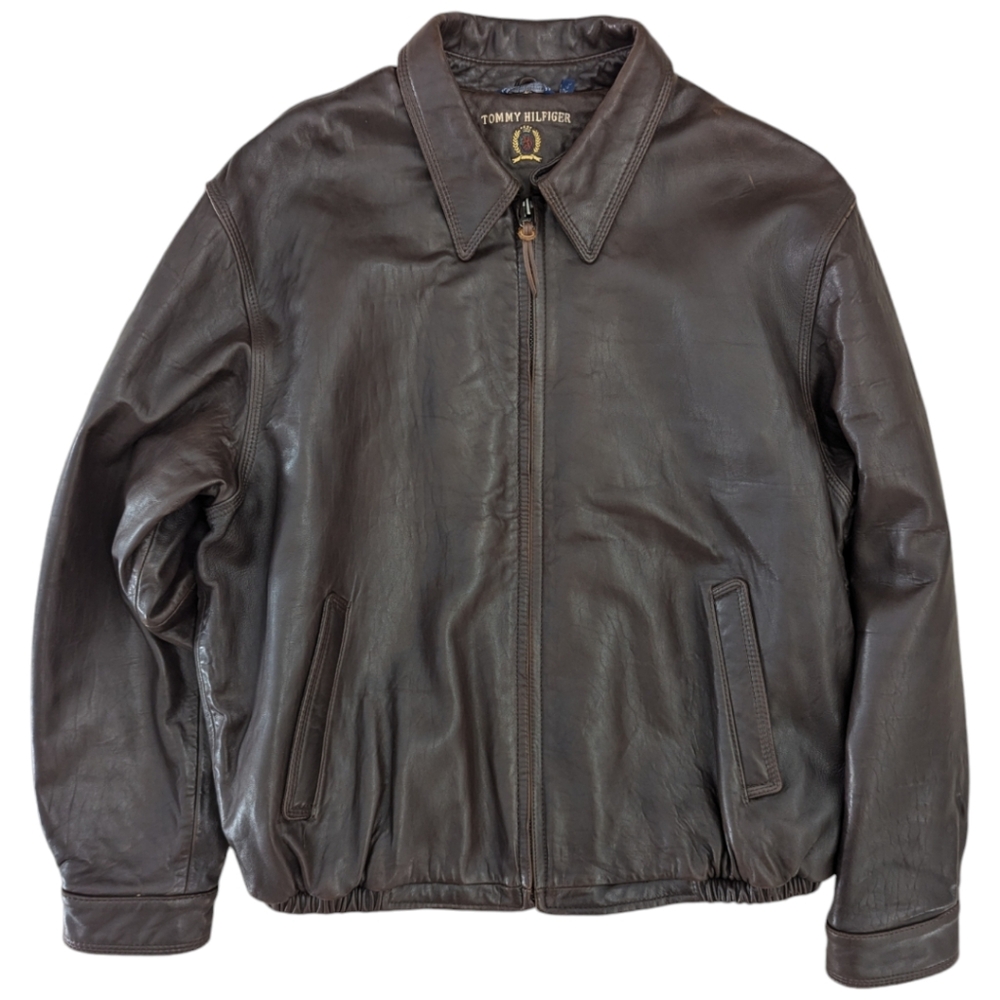 VTG 90s Tommy Hilfiger Men's L Dark Brown Leather Classic Bomber Jacket Zip Up